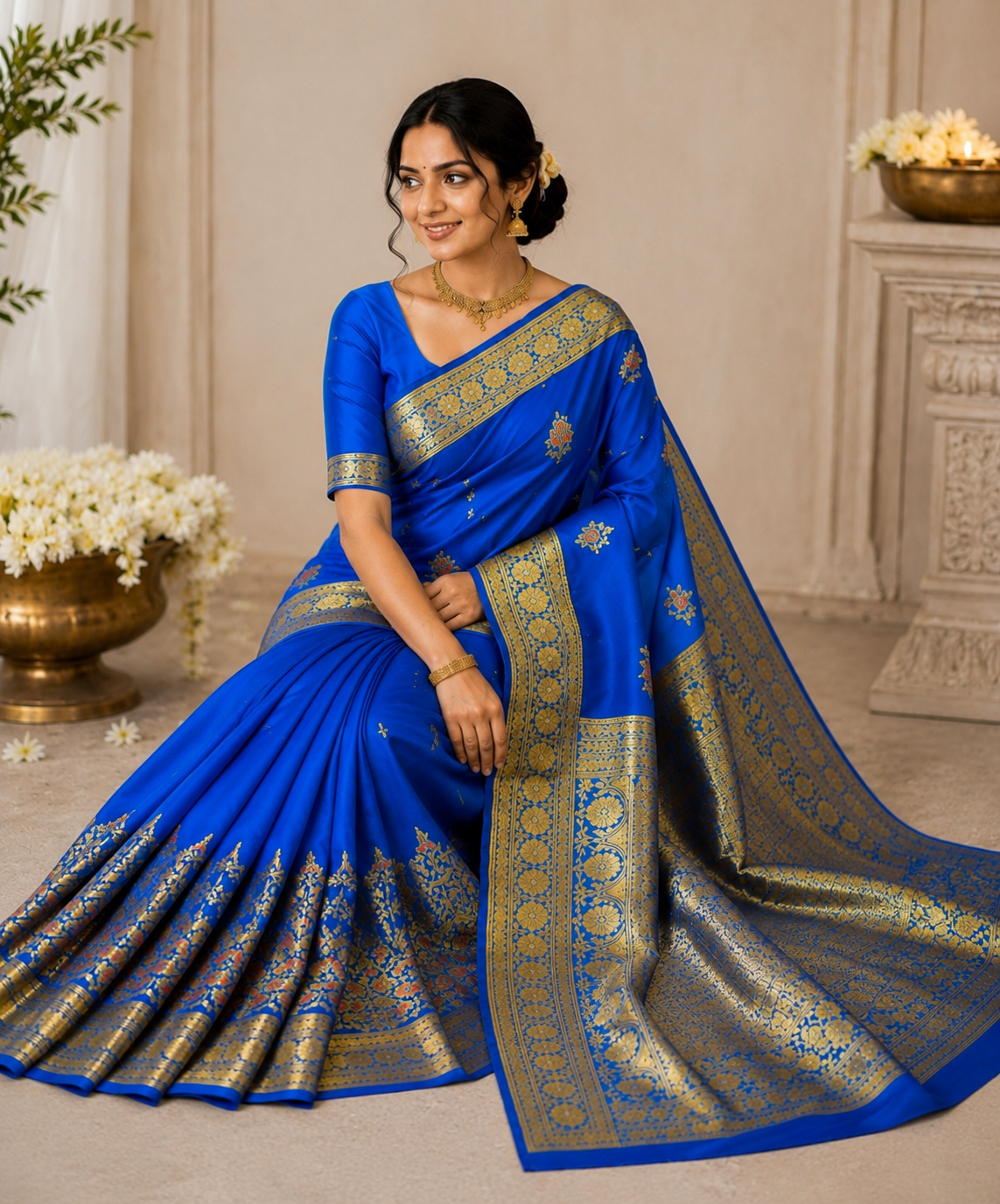 Royal Blue Banarasi Satin Silk Saree with Heavy Gold Zari Border | Shreevaa | Wedding | Rakhi gift
