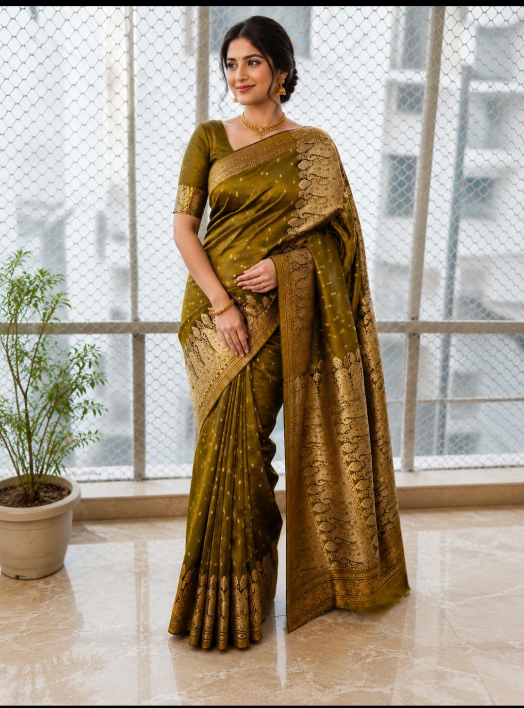 Olive Green Banarasi Silk Saree with Golden Zari Border
