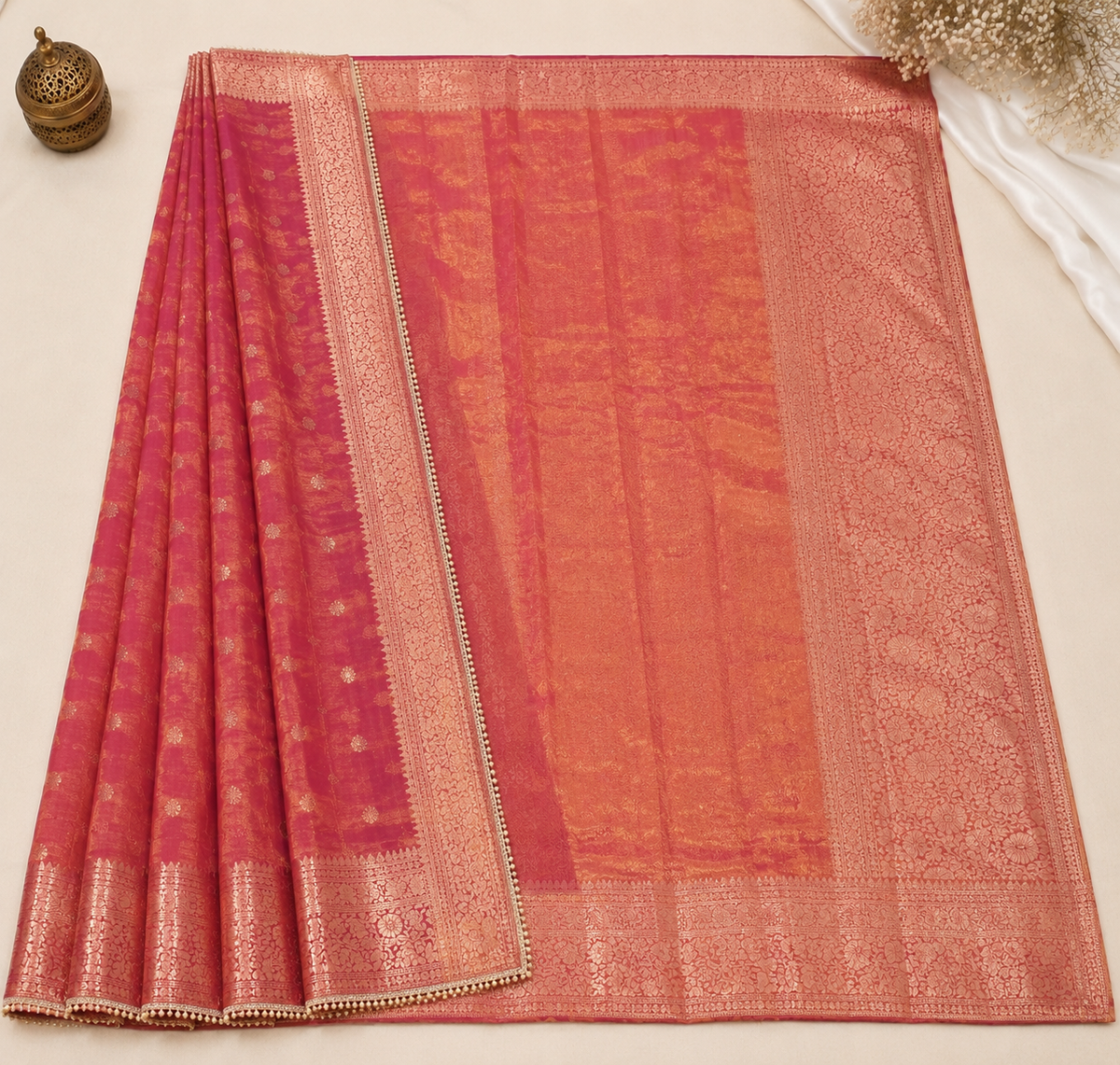 Coral Peach Tissue Organza Banarasi Saree with Zari Border | Shreevaa