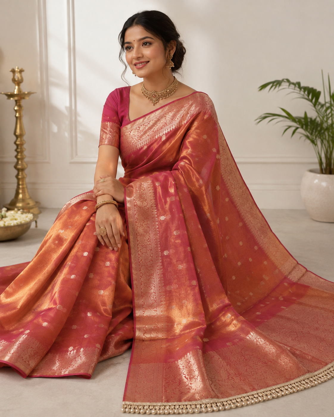 Coral Peach Tissue Organza Banarasi Saree with Zari Border | Shreevaa