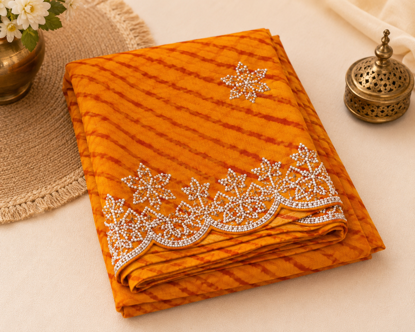 Lahariya Chiffon Saree with Embroidered Lace Border | Green, Orange, Rani Pink & Hot Pink