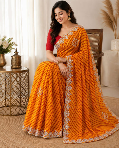 Orange Lahariya Chiffon Saree with Embroidered Lace Border