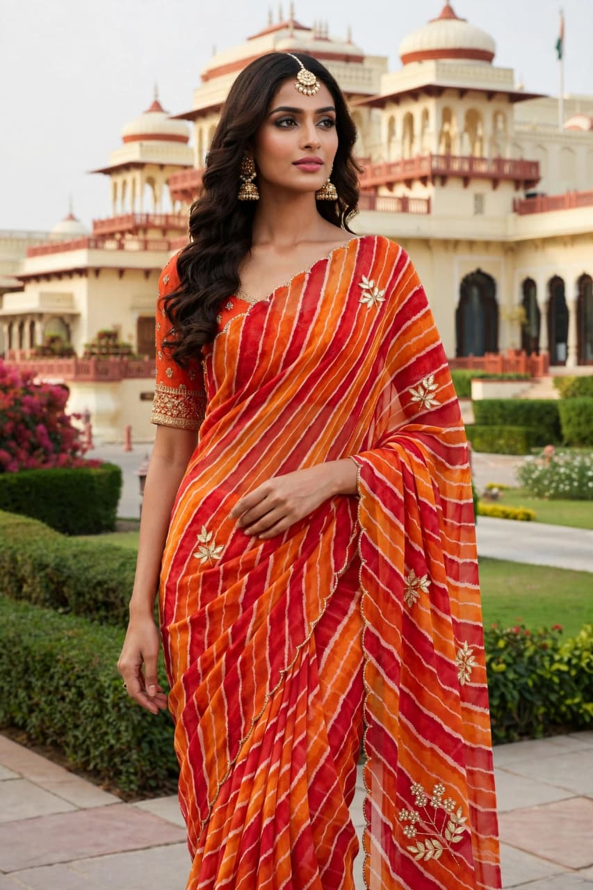 Orange and red lehariya georgette saree - front standing view