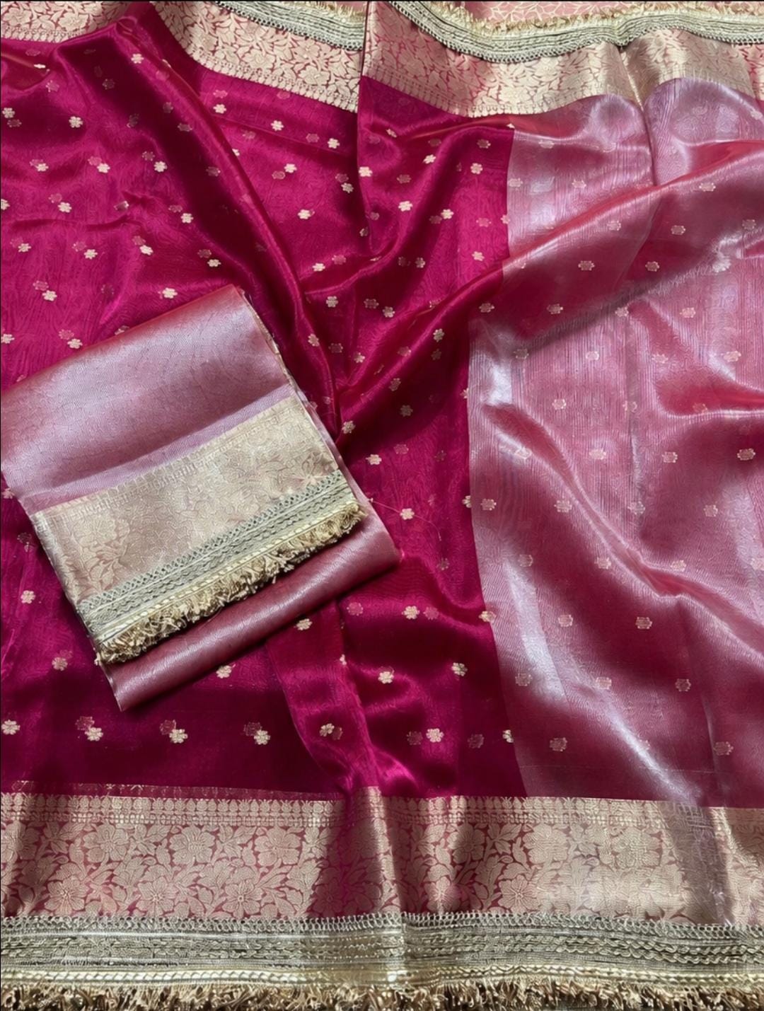 Rani Pink Tissue Organza Banarasi Saree - Open saree flat lay