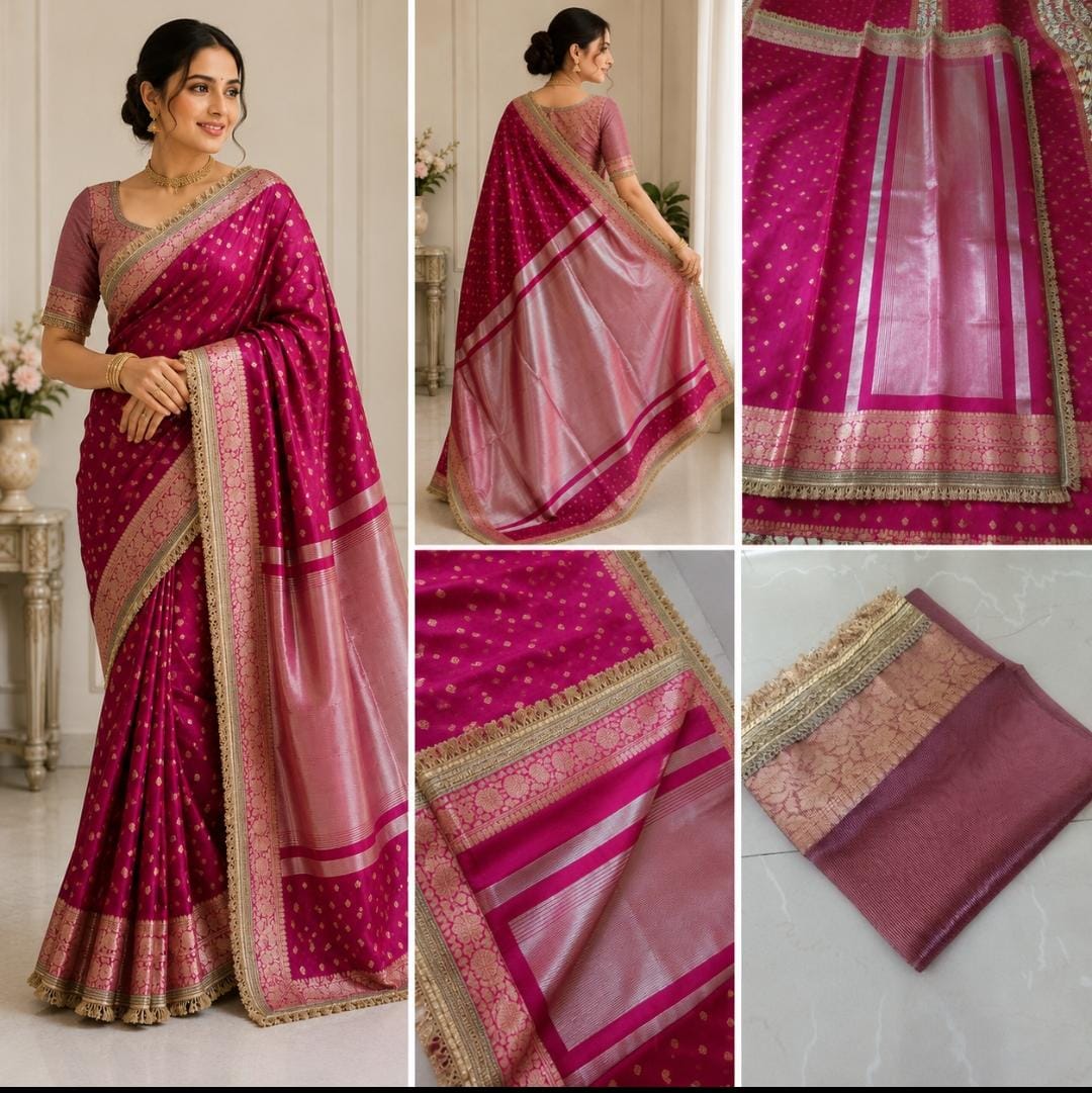 Rani Pink Tissue Organza Banarasi Saree - Front and back model view
