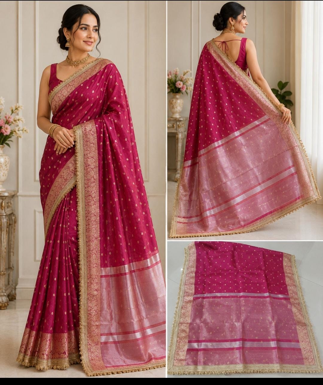 Rani Pink Tissue Organza Banarasi Saree - Model wearing full drape view