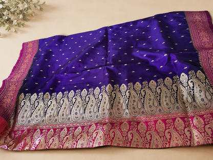 Navy Blue & Magenta Banarasi Silk Saree with Gold Zari Buti & Paisley Pallu | Shreevaa by Yamya Collection