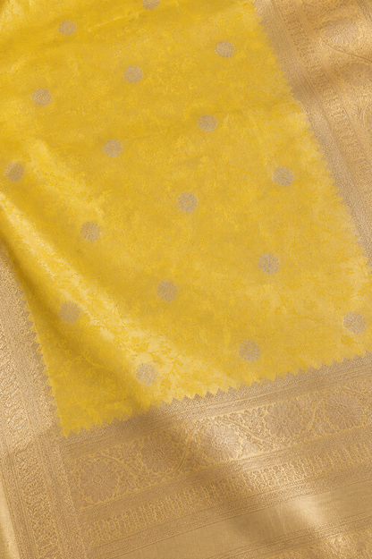 Sunshine Yellow Banarasi Silk Saree with Silver-Gold Zari Buti & Broad Zari Border