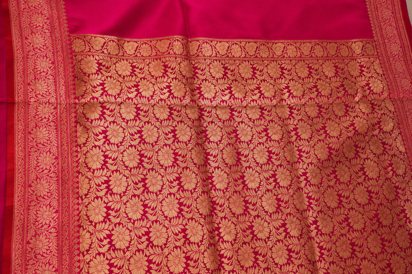 Rani Pink Banarasi Silk Saree with Gold Zari Buti & Floral Jaal Pallu | Shreevaa by Yamya Collection