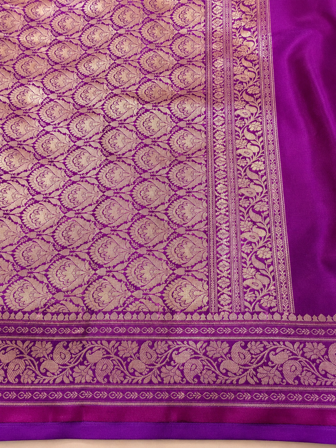 Purple Banarasi Silk Saree with Gold Zari Buti, Floral Border & Jaal Pallu | Shreevaa by Yamya Collection