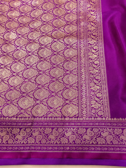 Purple Banarasi Silk Saree with Gold Zari Buti, Floral Border & Jaal Pallu | Shreevaa by Yamya Collection