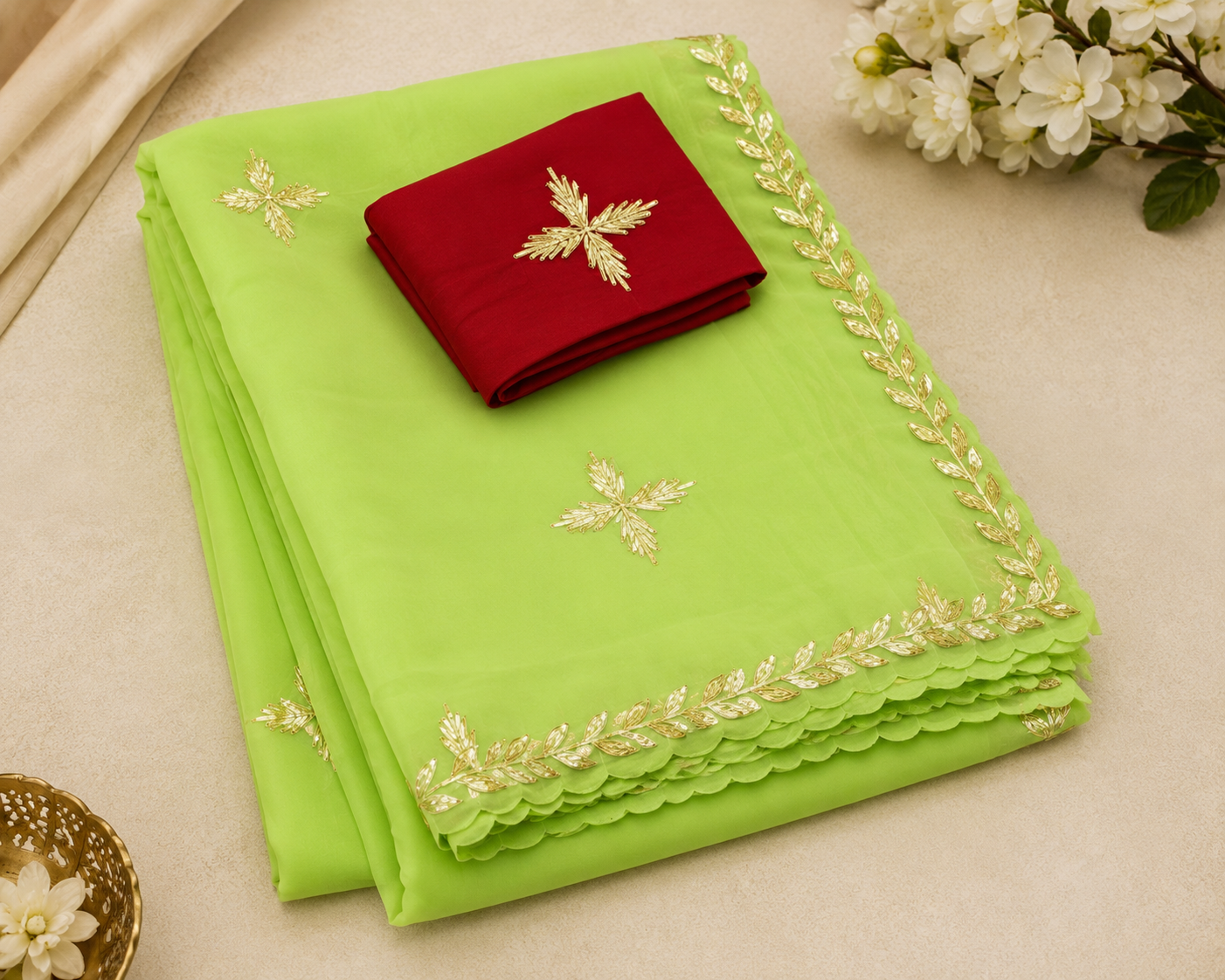 Najbeen | Parrot Green Chiffon Darwari Saree with Gold Gota Patti Buti & Leaf Border | shreevaa