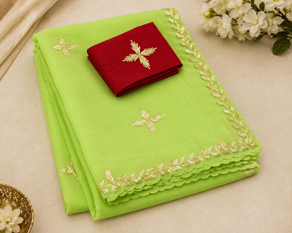 Najbeen | Parrot Green Chiffon Darwari Saree with Gold Gota Patti Buti & Leaf Border | shreevaa