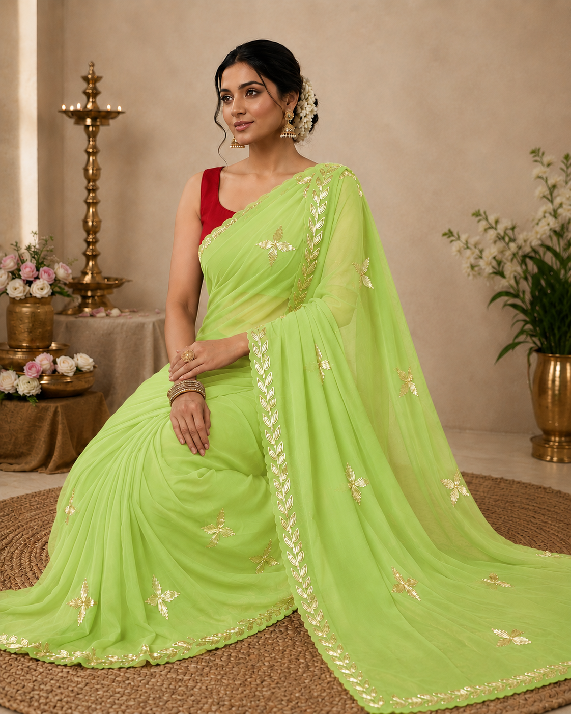 Parrot green chiffon darwari saree sitting view - gold gota patti buti and scalloped leaf border