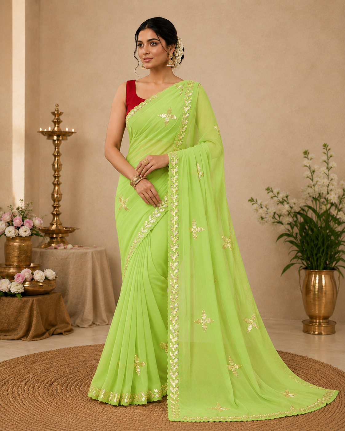Parrot green chiffon darwari saree standing view - gold gota patti buti and leaf border with red blouse