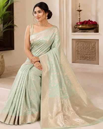 Pastel Mint Green Banarasi Silk Saree with All-Over Rose Gold Woven Jaal & Wide Antique Gold Zari Pallu | Shreevaa