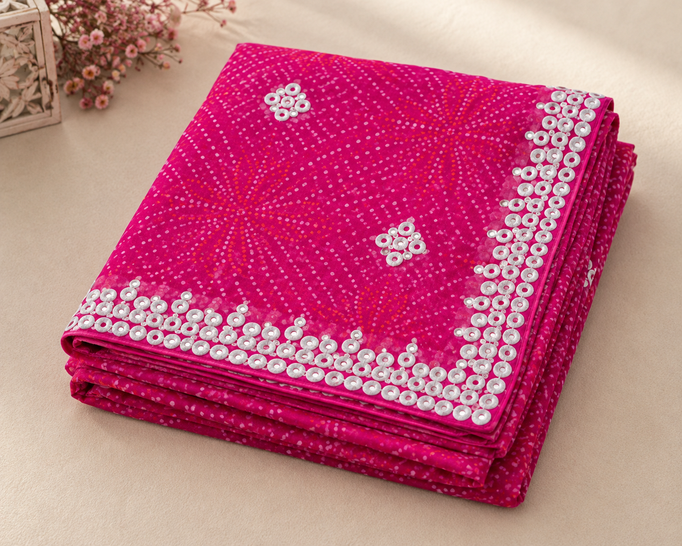 Rani Pink Bandhani Georgette Saree - folded flat lay showing bandhani pattern and sequin border