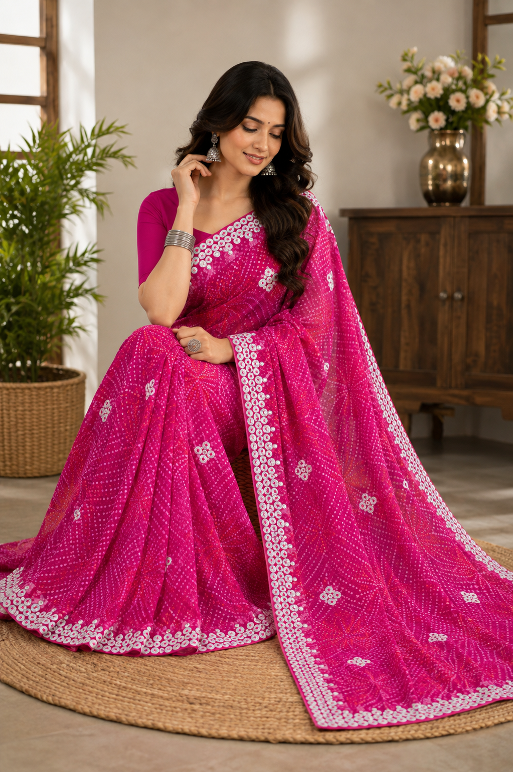 Rani Pink Bandhani Georgette Saree with Sequin Border - sitting pose