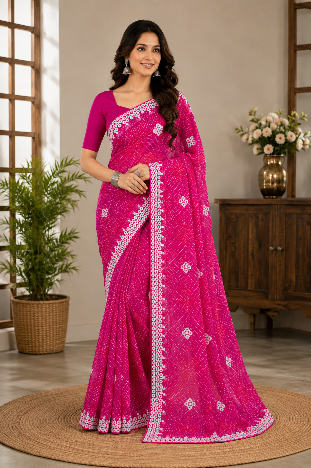 Rani Pink Bandhani Georgette Saree with Sequin Border - standing full drape pose