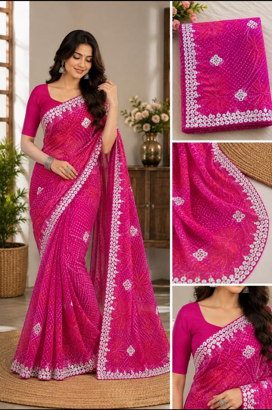 Rani Pink Bandhani Georgette Saree with Sequin Border and Floral Booti - model collage view