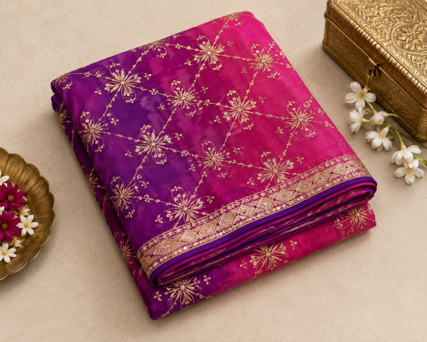 Darwari Gota Georgette Saree in Purple Pink Ombre | Shreevaa | Festive