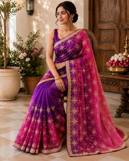 Darwari Gota Georgette Saree in Purple Pink Ombre | Shreevaa | Festive