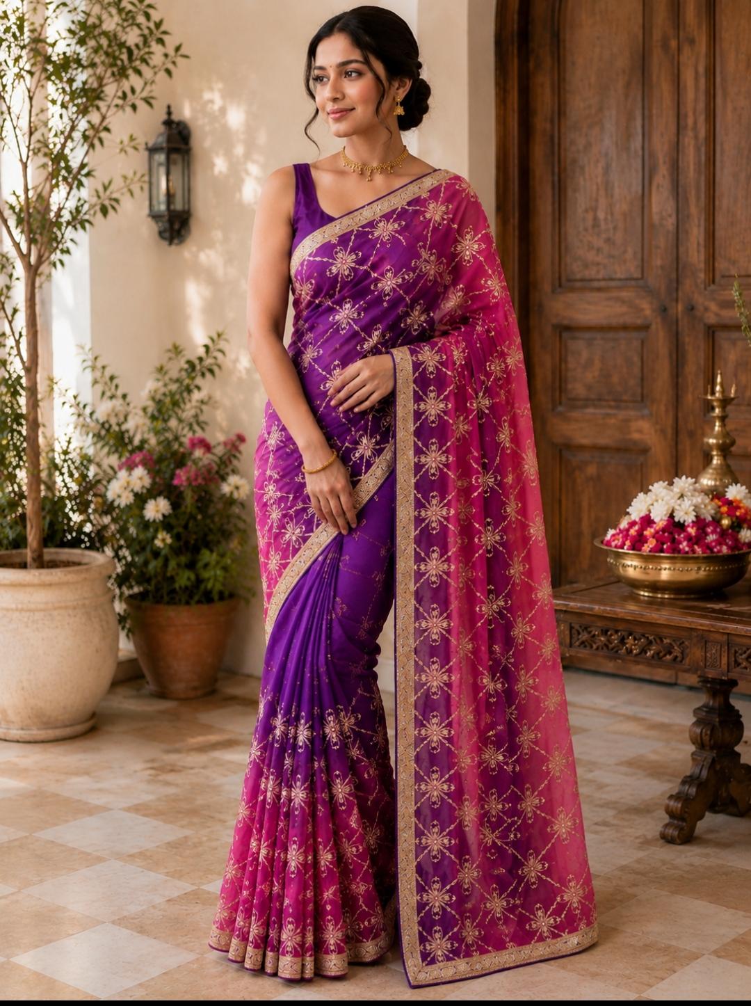 Darwari Gota Georgette Saree in Purple Pink Ombre with gold embroidery
