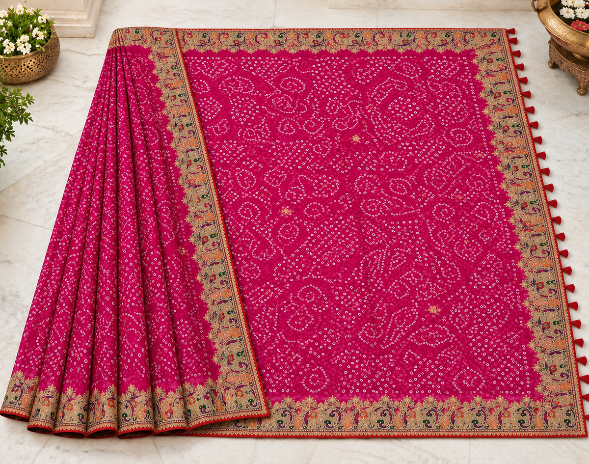 Rani Pink Bandhani Georgette Saree with Heavy Embroidered Multicolour Paisley Border & Red Tassel Pallu | Shreevaa