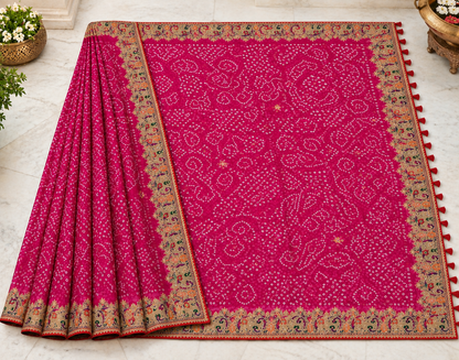 Rani Pink Bandhani Georgette Saree with Heavy Embroidered Multicolour Paisley Border & Red Tassel Pallu | Shreevaa
