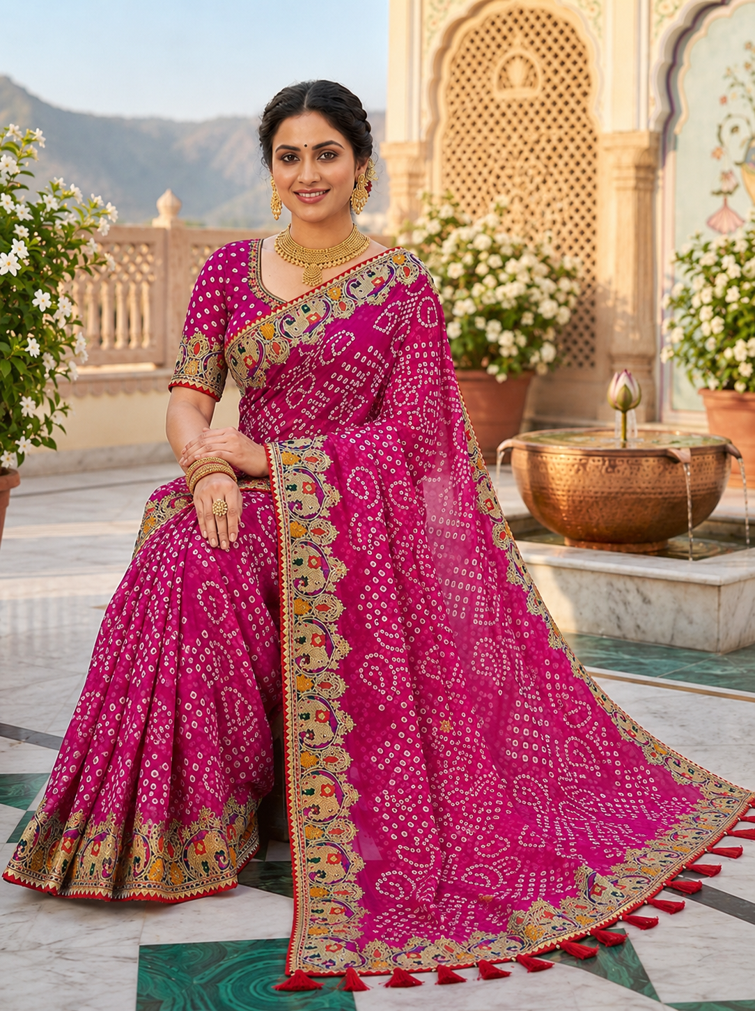 Rani pink bandhani georgette saree – model sitting view showing embroidered paisley border and red tassel pallu