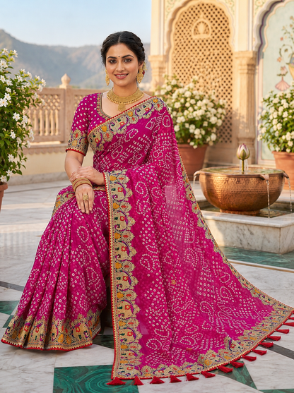Rani pink bandhani georgette saree – model sitting view showing embroidered paisley border and red tassel pallu