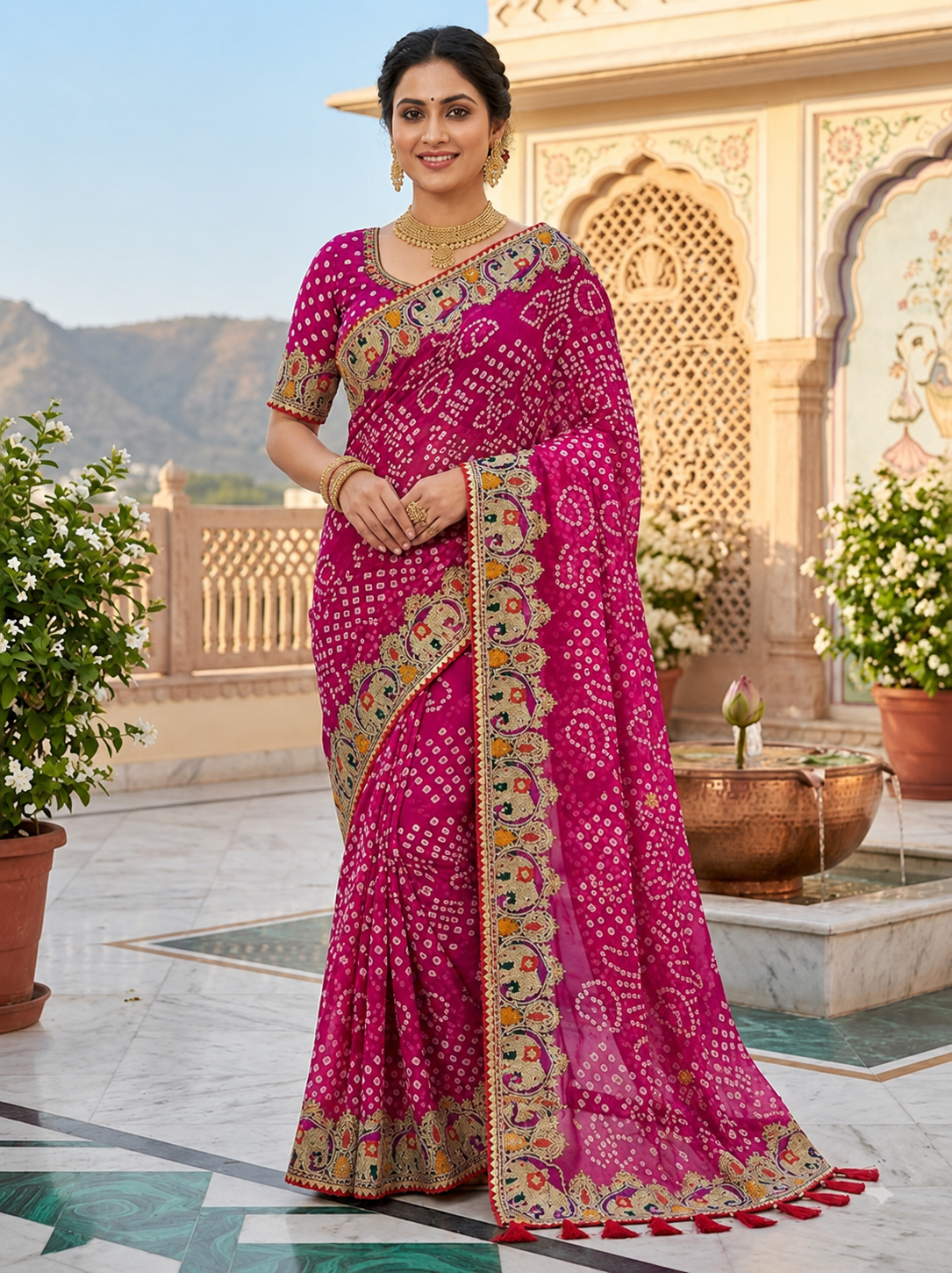 Rani pink bandhani georgette saree – model standing full drape view with gold jewellery and multicolour paisley border