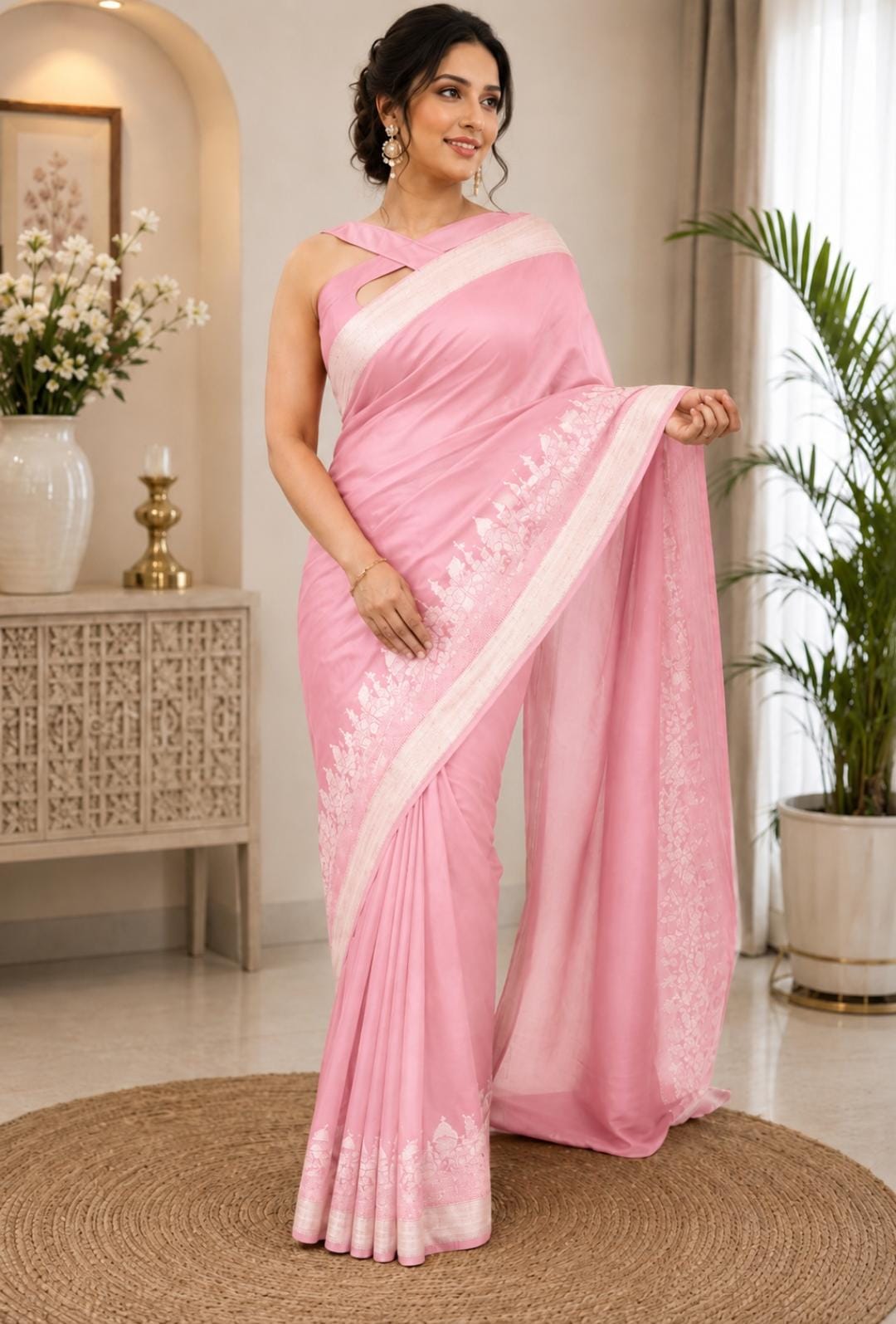 Ghat Georgette Silk Saree with Silver Zari Pallu | Elegant Soft Drape