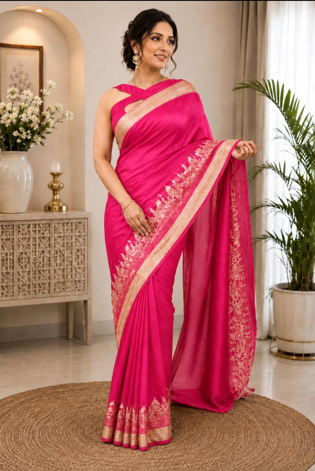 Ghat Georgette Silk Saree with Silver Zari Pallu | Elegant Soft Drape