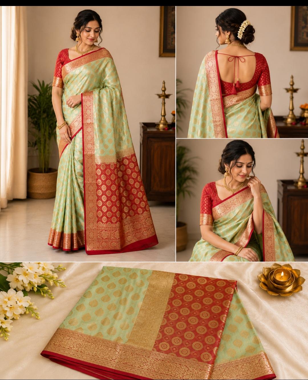 Premium Kashi Mint Pista Green Banarasi Silk Saree with Rich Golden Zari & Red-Maroon Contrast Border