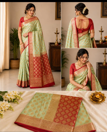 Premium Kashi Mint Pista Green Banarasi Silk Saree with Rich Golden Zari & Red-Maroon Contrast Border