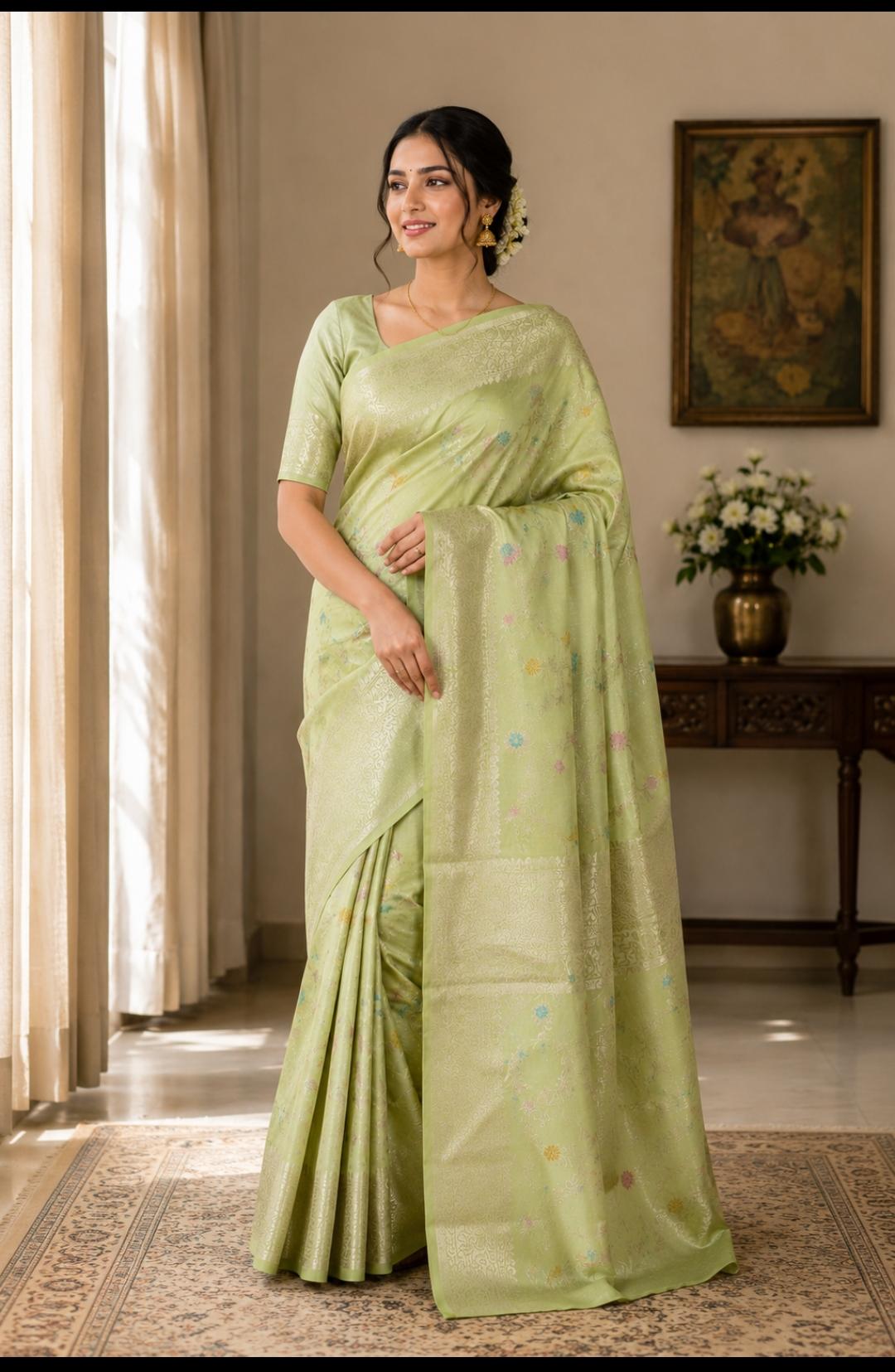 Premium Pista Green Banarasi Silk Saree with Zari Border & Floral Meenakari Bootis