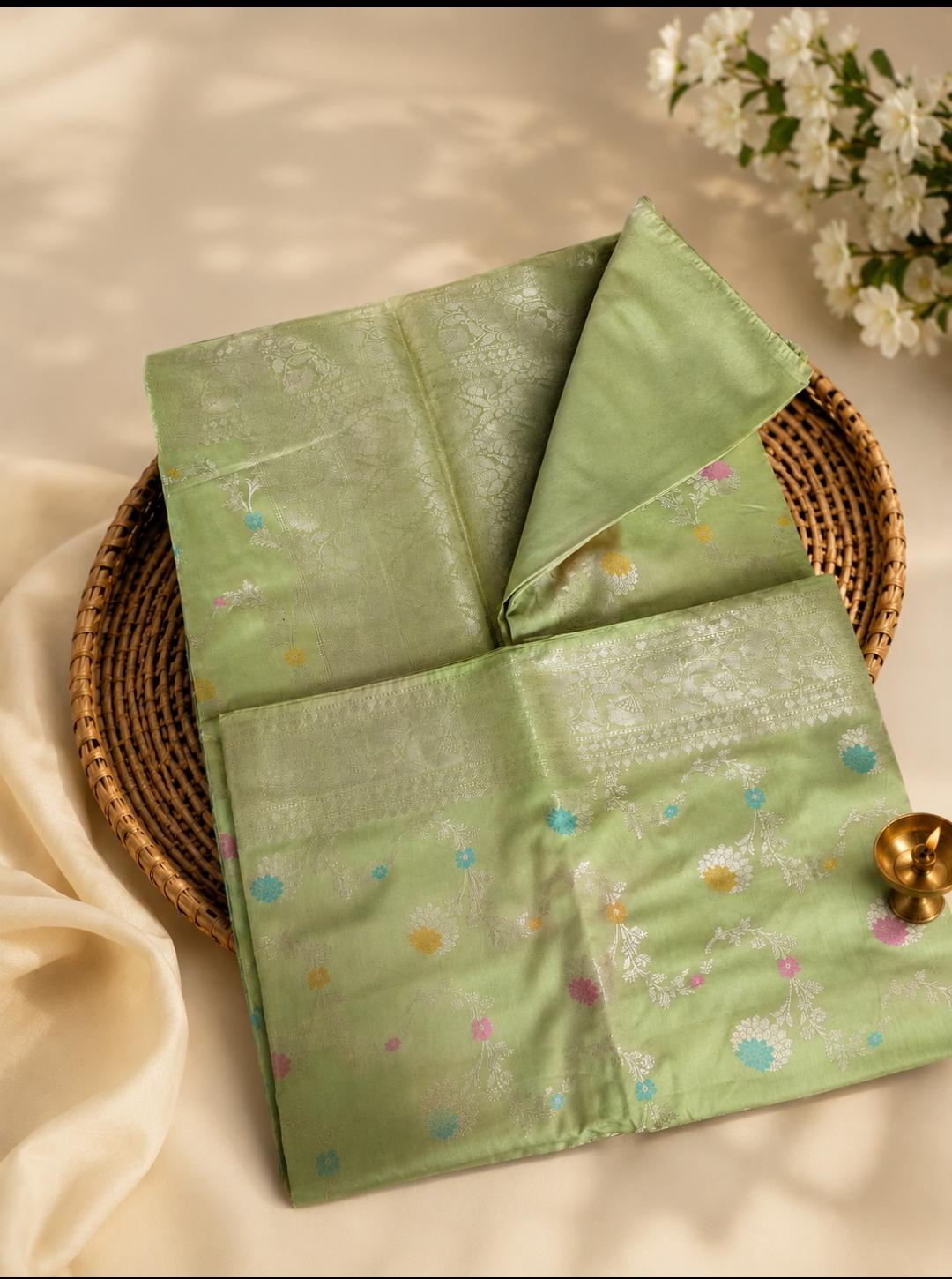 Premium Pista Green Banarasi Silk Saree with Zari Border & Floral Meenakari Bootis