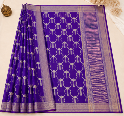 Purple Silk Banarasi Saree with Bow Motifs and Zari Border | Shreevaa