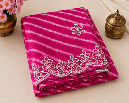 Lahariya Chiffon Saree with Embroidered Lace Border | Green, Orange, Rani Pink & Hot Pink