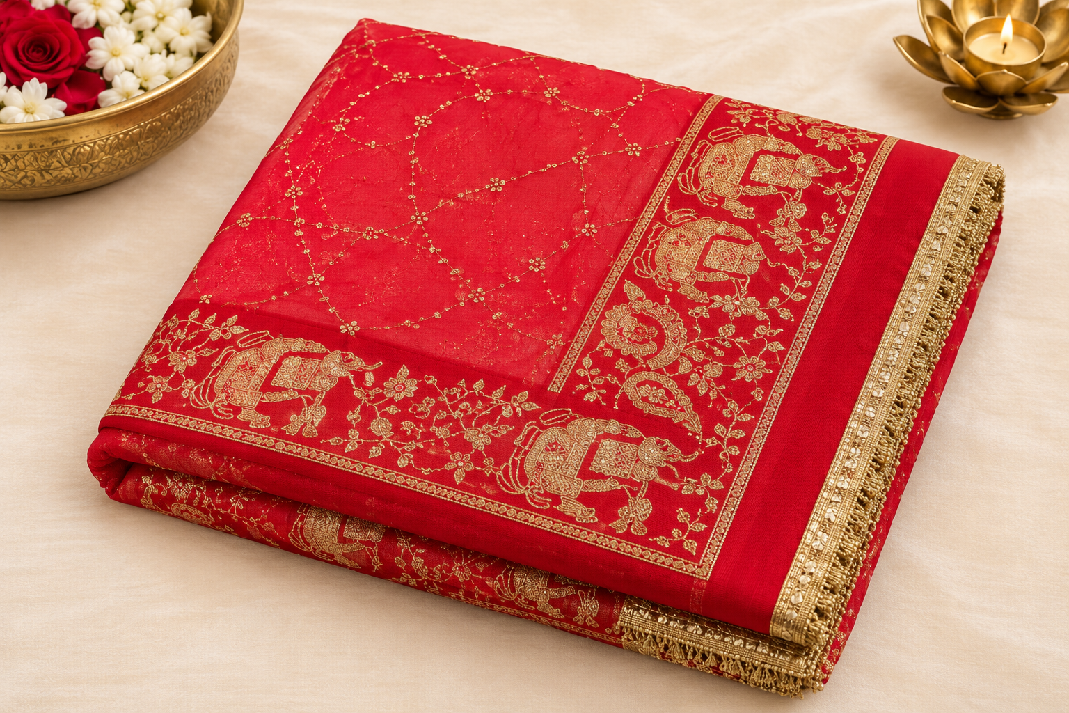 Rani Red Chinon Saree with Elephant Border - folded detail view