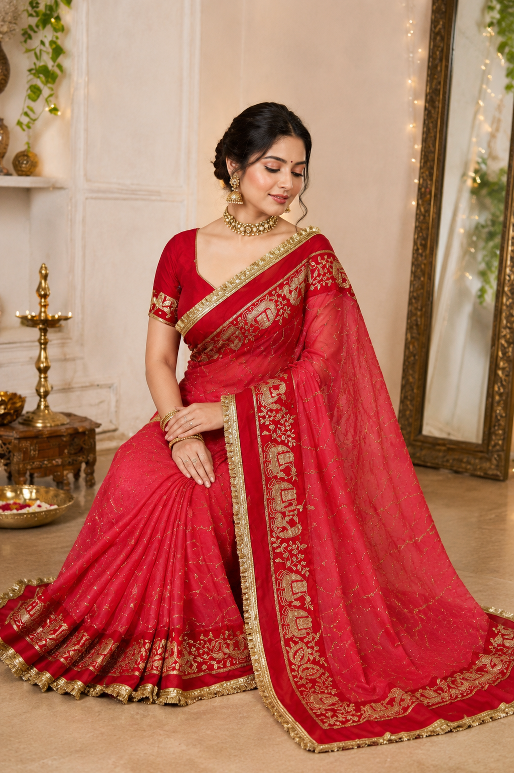 Rani Red Chinon Saree with Elephant Border - seated view