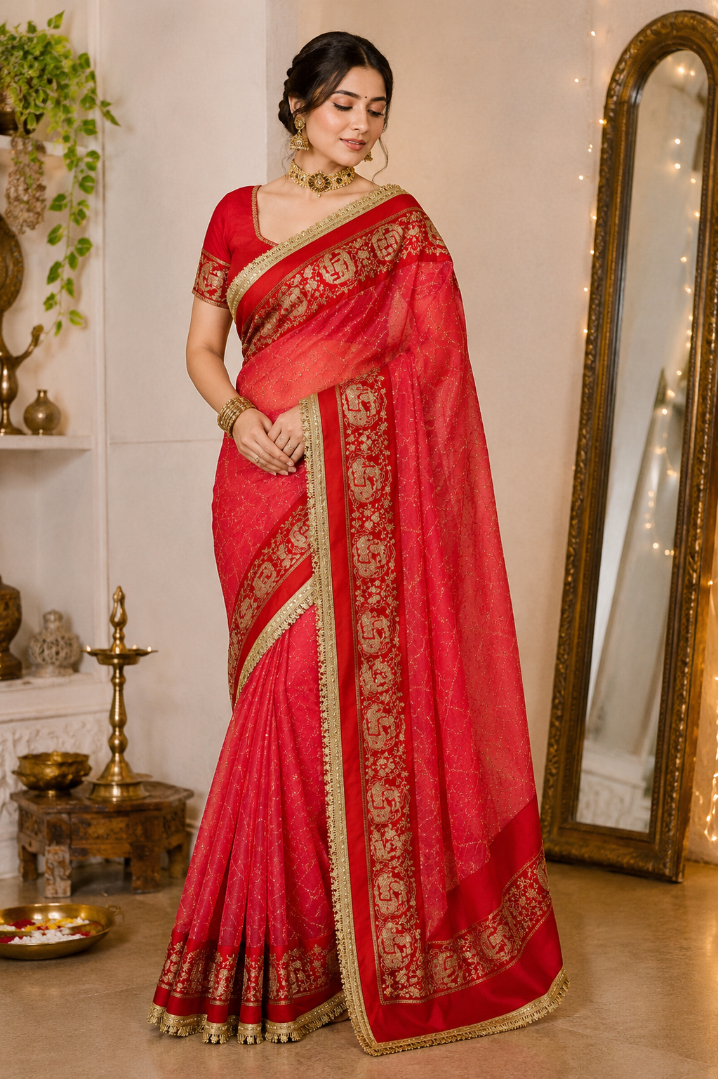 Rani Red Chinon Saree with Elephant Border - standing view