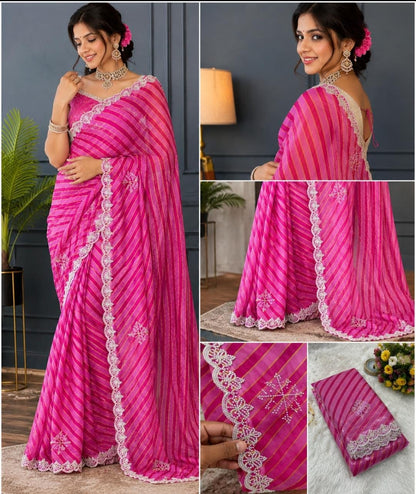 Rani Pink Lahariya Chiffon Saree with Embroidered Lace Border