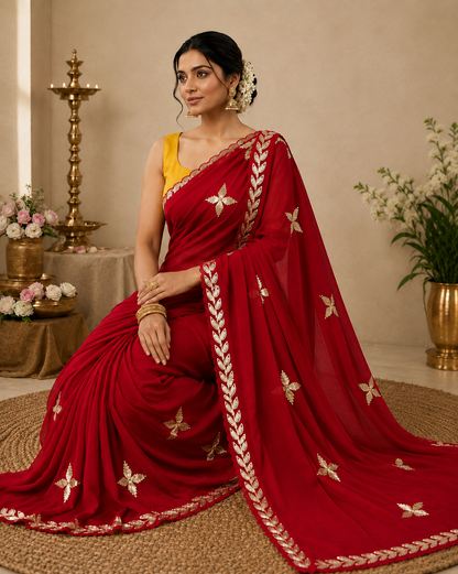 Red chiffon darwari saree sitting view - gold gota patti cross-star butis and scalloped leaf border with mustard yellow blouse