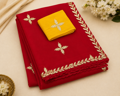 Najbeen - Red Chiffon Darwari Saree with Gold Gota Patti Buti & Leaf Border | shreevaa