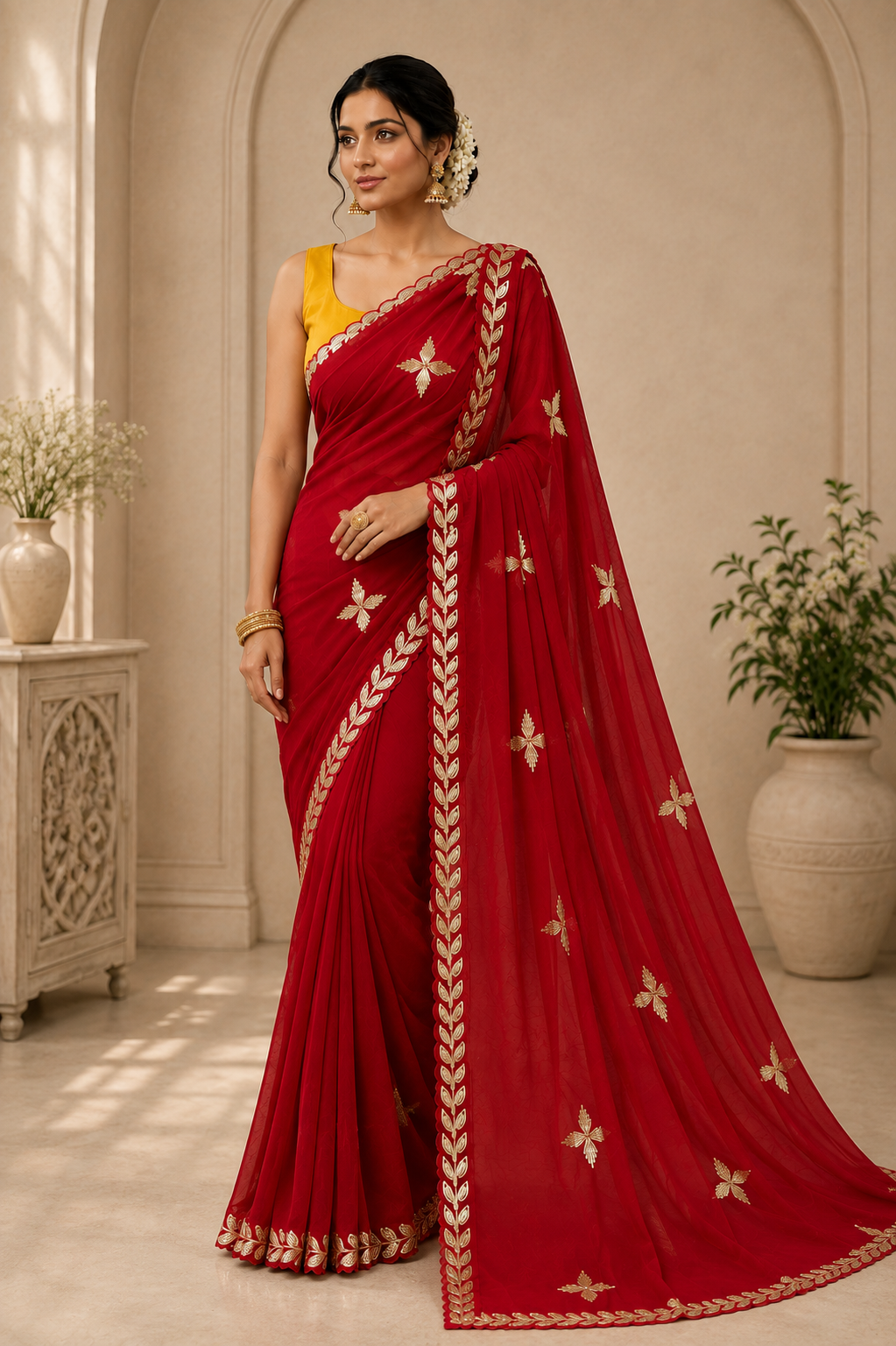 Najbeen - Red Chiffon Darwari Saree with Gold Gota Patti Buti & Leaf Border | shreevaa
