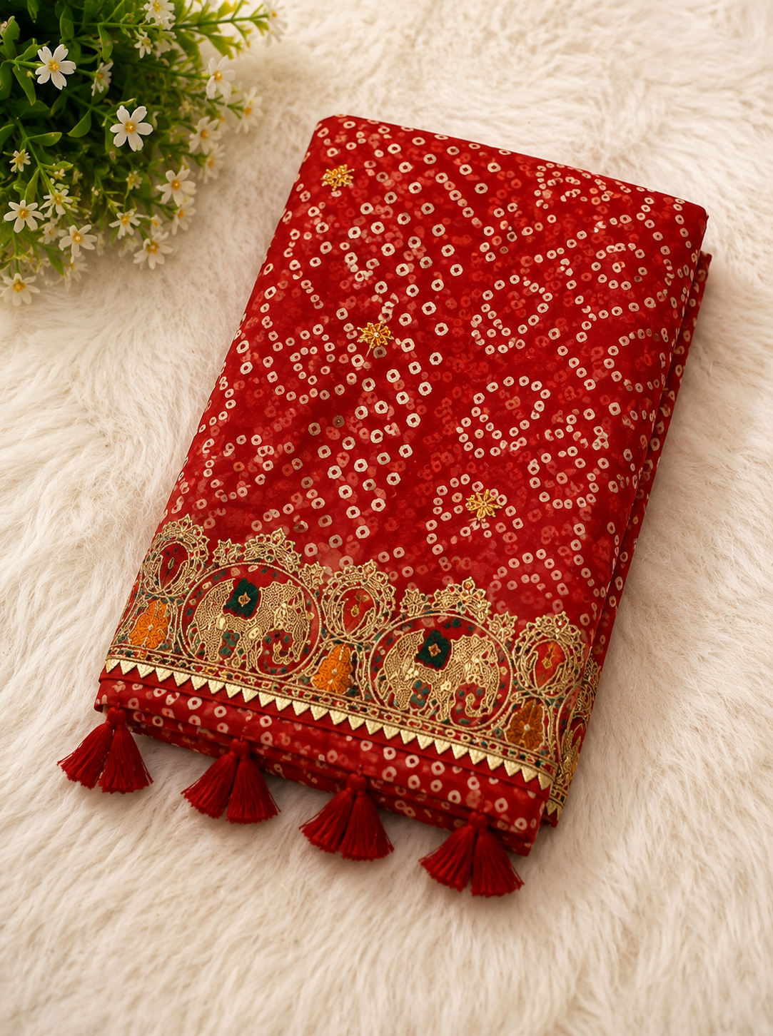 Red bandhani georgette saree – folded view showing all-over bandhani pattern, wide gold elephant border and red tassels