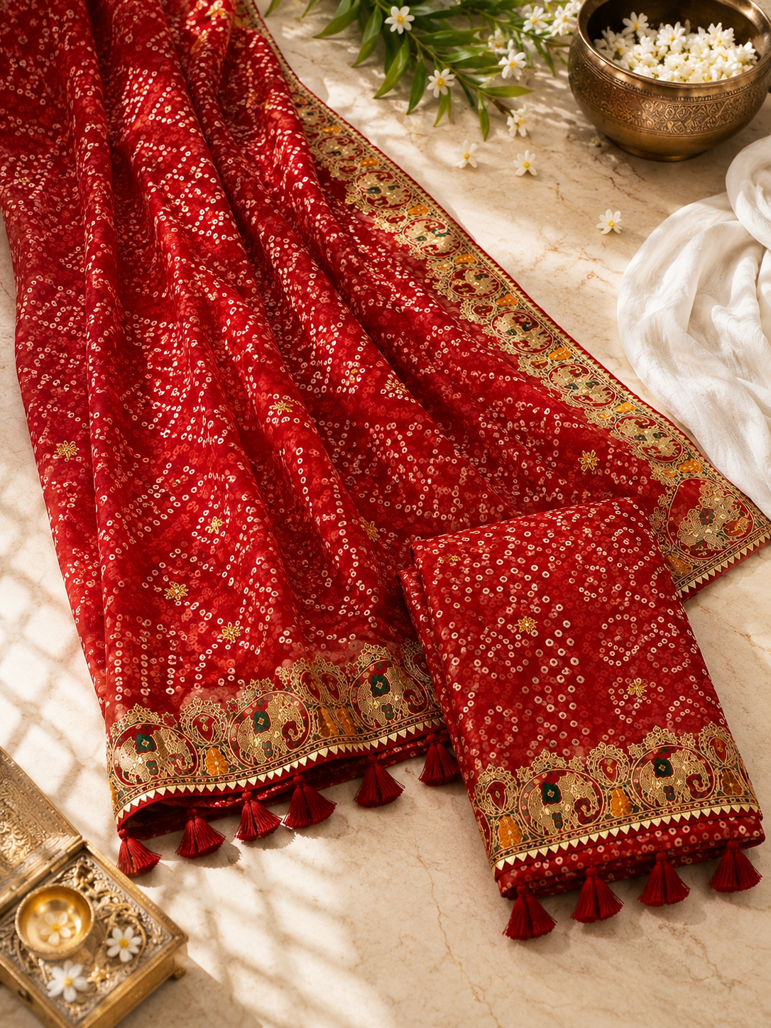 Red bandhani georgette saree – lifestyle flat lay with saree and matching blouse piece showing elephant border detail