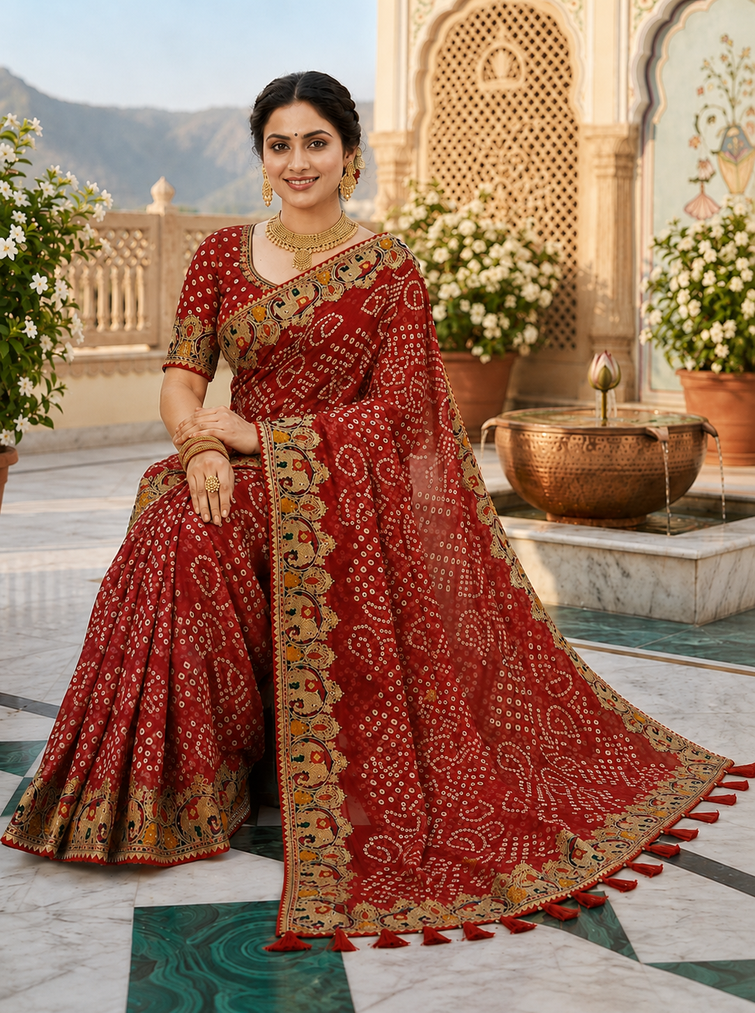 Red bandhani georgette saree – model sitting view with gold jewellery, embroidered blouse and red tassel pallu